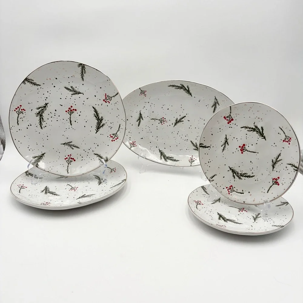 Potters Studio Holiday Plates & Platter Set Christmas Evergreen & Holly Berries